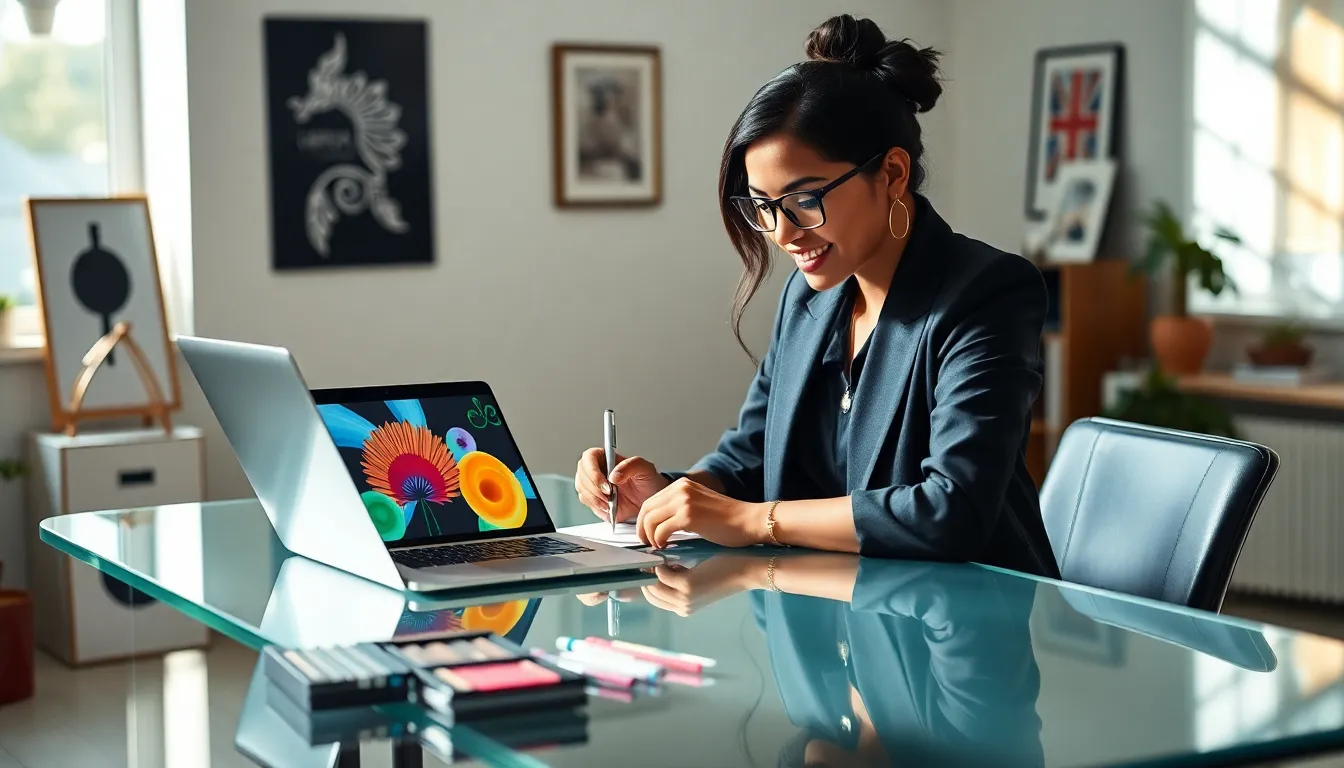 young woman in a creative workspace with art supplies.